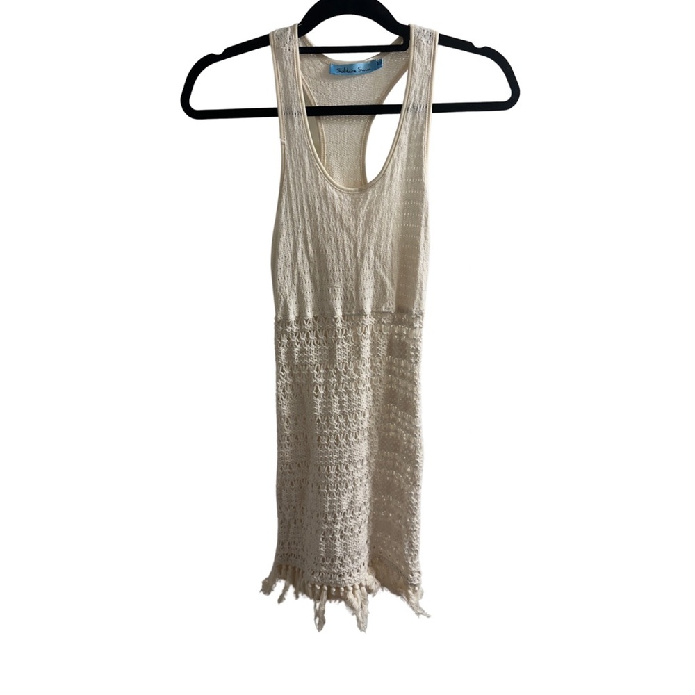 Solitaire Swim Cream Knit Swim Coverup with Fringe